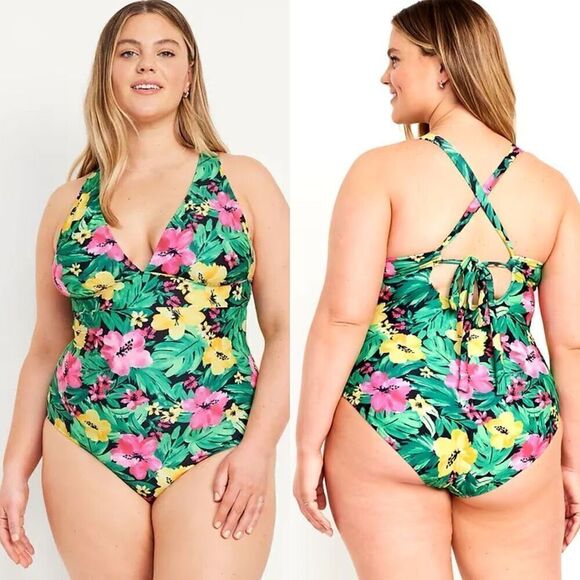 Old Navy Tie-Back One-Piece Swimsuit Tropical Floral Size XL - Picture 3 of 12